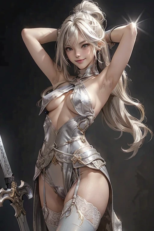 (((Pointy big)))、(((Stretched nipples)))、(((Exposed vagina)))、((Blonde Straight Hair))、((Silver Headband))、Fantasy、naked、Tiny bangs、プラチナブロンドのnakedの戦士の少女、young woman, 18-year-old, かわいいnakedの女性, A cheerful smile, The body is slim, The crotch is open, The gap between the thighs, Thin legs, Are standing, front, Exposed silver armor、Silver armour only on the shoulders、Silver Gauntlet、Silver Garter Belt、(Battle stance with axe)、pubic hairが濃い、pubic hair、Large Breasts、((topless))、((Armpit Hair))