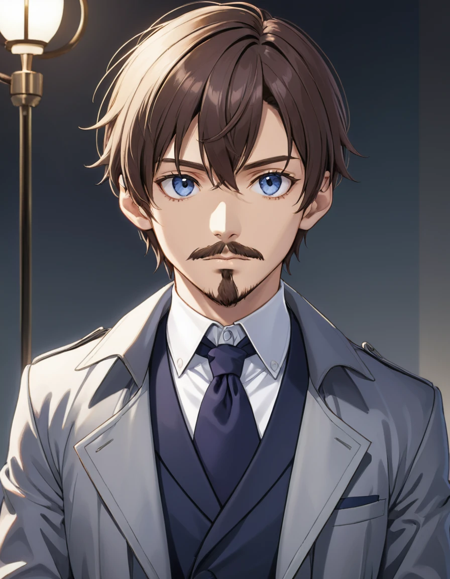 1man, mature male, parted bangs, medium-short hair, brown hair, muscular male celeb, short goatee, short mustache, indigo eyes, gentleman, elegant netori male, dark iris, upperwaist, ideal ratio body proportions, 1man, mature male, parted bangs, medium-short hair, brown hair, muscular male celeb, short goatee, short mustache, indigo eyes, gentleman, elegant netori male, dark iris, upperwaist, BREAK solo, white collared shirt, gray trench coat, black neck ribbon, in gentle sasaki style, visual novel, 2010s, extreme all detailed, masterpiece, best quality