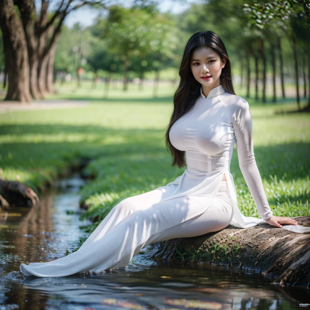 ((Ao Dai, chubby body, big breasts, big breasts, big breasts, sitting on the bank of a stream, the scenery around the stream is very beautiful, green plants, face with high lifelike detail, face Southeast Asian face)), ((proportioned eyes, beautiful eyes, beautiful lips)), ((round breasts, firm breasts)), ((high quality detailed photos, 8k photo quality)), (( fat body, fat))