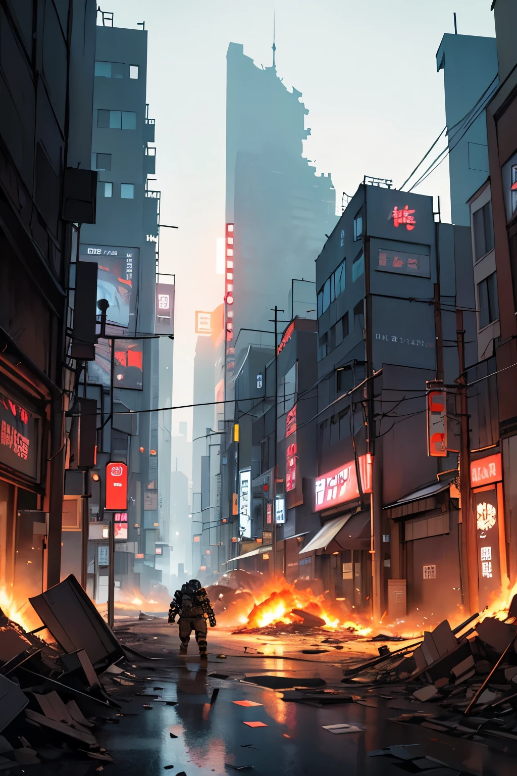 Set in a post-apocalyptic Tokyo reminiscent of Katsuhiro Otomo's "AKIRA," the city lies in ruins. Towering skyscrapers are reduced to skeletal remnants, and debris litters the streets. Neon signs in Japanese flicker sporadically, casting a haunting glow over the devastated urban landscape.
The scene is chaotic, with intense battles being fought amidst the destruction. Armed warriors, clad in futuristic armor, engage in fierce combat. High-tech motorcycles and cybernetic vehicles roar through the streets, their lights cutting through the thick smoke. Explosions and gunfire reverberate through the hollowed-out buildings, and fires burn uncontrollably in various parts of the city, casting an orange-red glow that contrasts with the neon lights.
The atmosphere is dark and oppressive, drenched in a heavy cyberpunk aesthetic. The air is thick with tension and the scent of burning rubble. Despite the desperation, the fighters move with agility and precision, their determination evident in their every action. Their faces are periodically illuminated by the bursts of neon lights and the fiery glow of the burning city.
The backdrop is filled with Japanese characters, accurately rendered, adding authenticity to the Tokyo setting. Signs for shops, advertisements, and street names in Japanese are visible through the smoke and flames, grounding the scene in its setting.
This dystopian landscape is both hauntingly beautiful and brutally unforgiving. The intricate details of the crumbling architecture, the stark contrasts between light and shadow, and the surreal mix of advanced technology and urban decay paint a vivid picture. This is a world where survival is a constant battle, and the environment itself reflects the relentless nature of the ongoing conflict.
