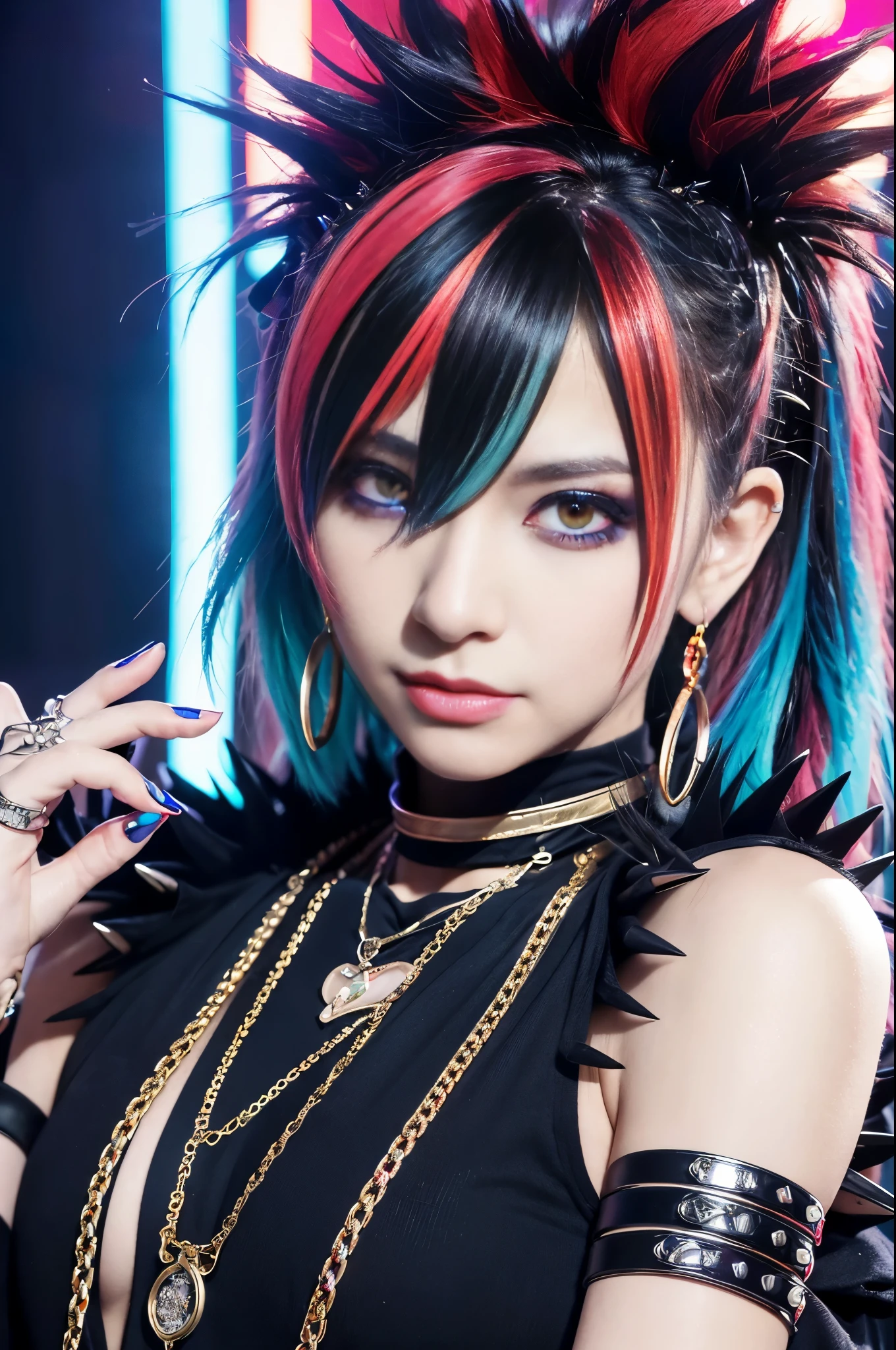 (masterpiece:1.4), (best quality:1.4), ultra high res, ultra high resolution, ((ultra detailed facial features)), HDR, (realistic, photorealistic, photo-realistic:1.37), (1 man), full body Esbian, (sexy Japanese male model), (-anime), vivid colors, ((vivid colors multicolor (Visual Kei style spikes very short hair))), (big smile), ultra detailed glam rock makeup, bold lipstick, long lashes, defined eyebrows, wearing large Visual Kei jewelery, wearing a Visual Kei cosplay, ((vivid Visual Kei outfit)), layered clothing, choker, rings, bracelets, piercings, look at the camera, cinematic light, rockstar festival stage background with multicolor lights, sweet and sexy pose