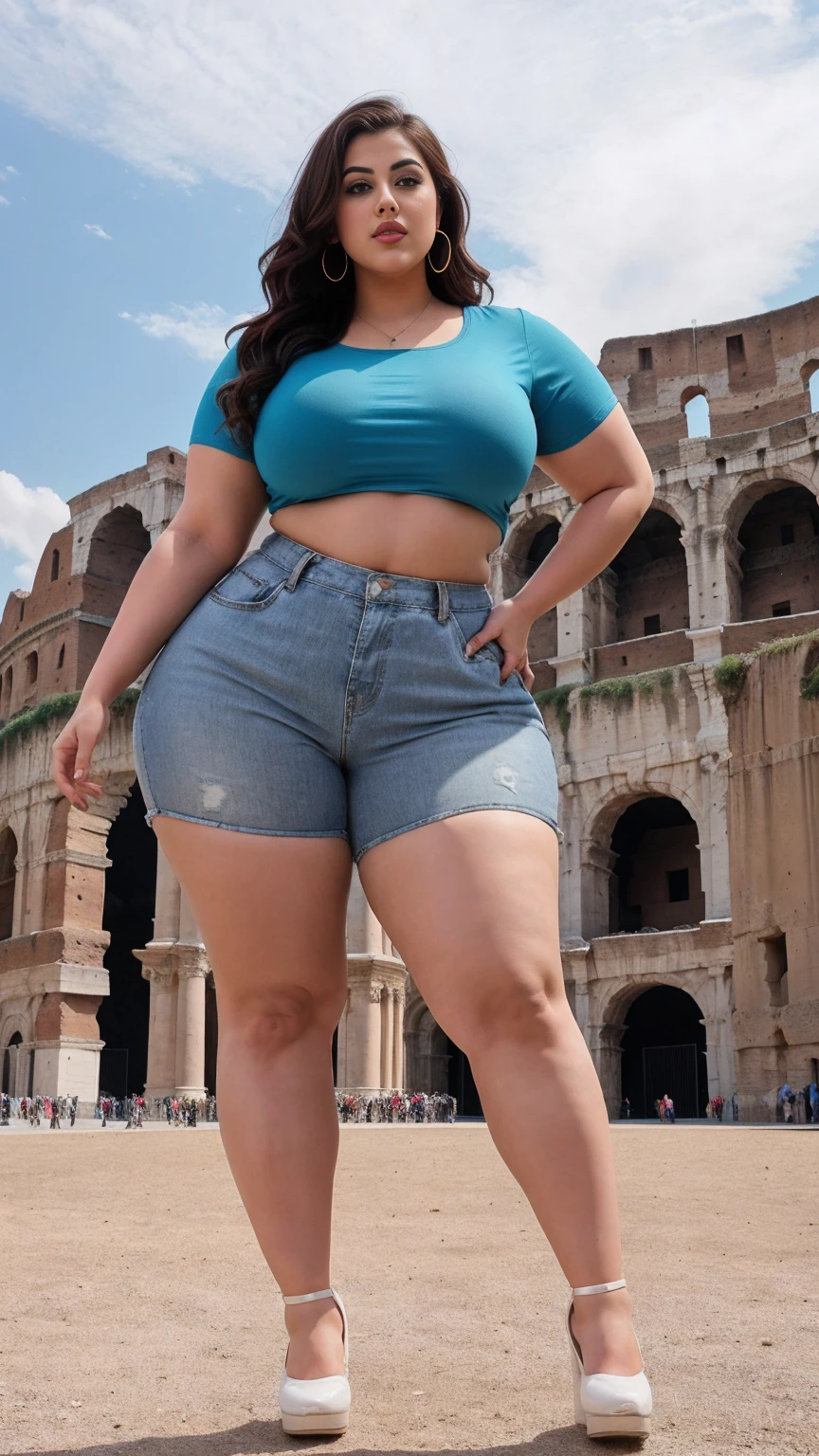Madhubala bollywood beautiful actress sexy curvy plus size huge figure woman in a SHEIN LUNE Heart-Shaped Dog Round Neck Short Sleeve Crop Top, Casual Color: Dusty Blue , stylish front facing standing position, full body view, full body shot, head to toe view, Head Jewelry for wedding, thick thighs, busty, , full body shot, round belly, full body view, full body shot, thick body, head to toe view, Colosseum, Rome, Italy: Historic amphitheater with ancient Roman ambiance.