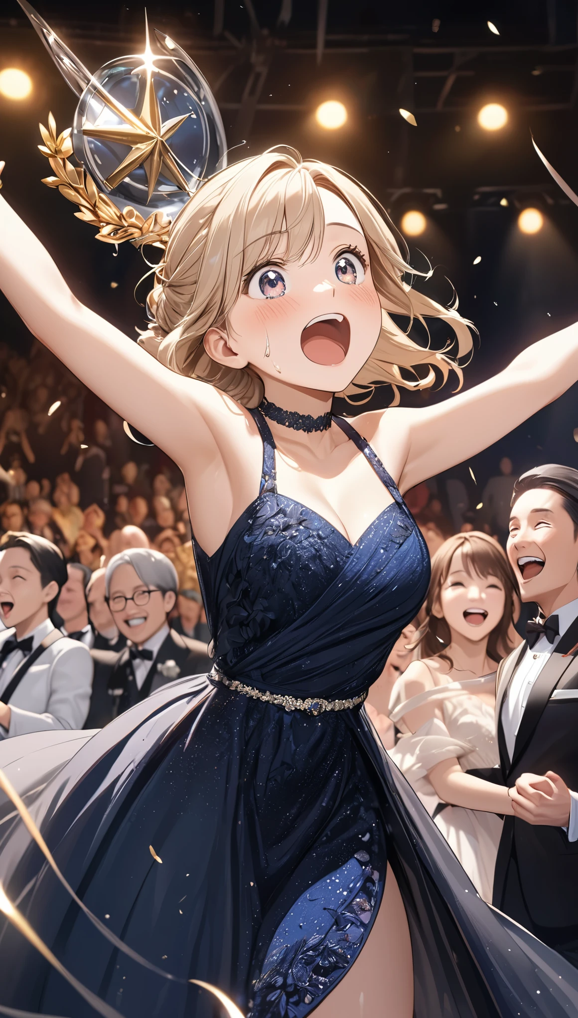 Tears of joy, (Fancy Evening Dresses), (Surprised by the award, gratitude, Jumping for joy, Joyの渦:1.5), Background is the stage, , 1girl, big bouncing busts, black choker, uhd, retina, masterpiece, ccurate, anatomically correct, textured skin, super detail, high details, high quality, best quality, highres, 4K, Oscar, audience, Joy, great joy, hug