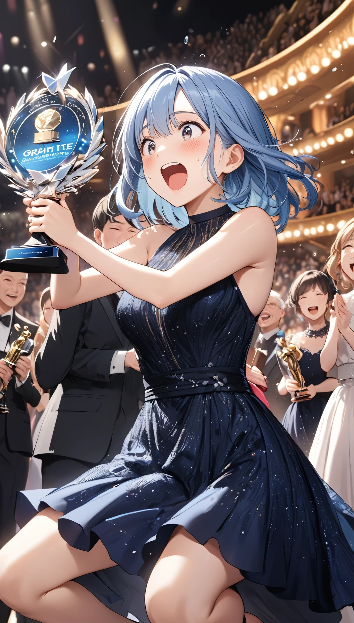 Tears of joy, (Fancy Evening Dresses), (Surprised by the award, gratitude, Jumping for joy, Joyの渦:1.5), Background is the stage, , 1girl, big bouncing busts, black choker, uhd, retina, masterpiece, ccurate, anatomically correct, textured skin, super detail, high details, high quality, best quality, highres, 4K, Oscar, audience, Joy, great joy, hug
