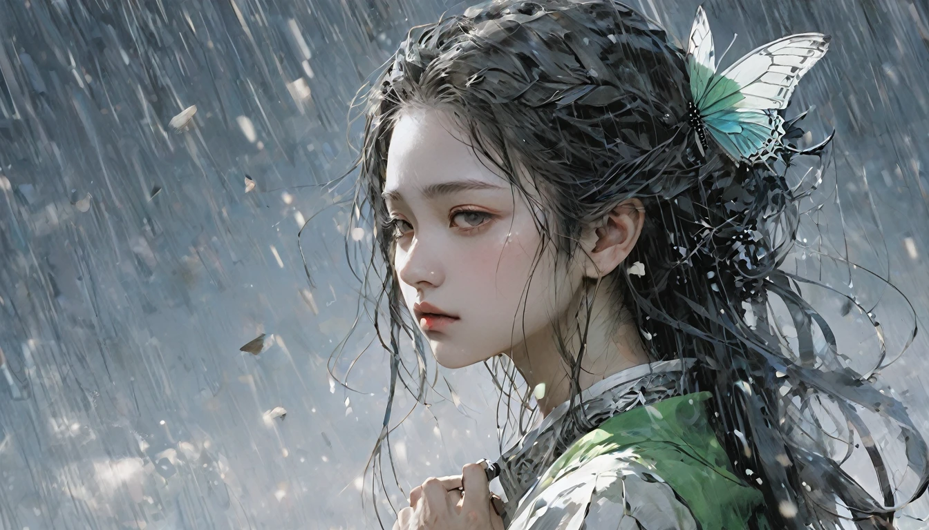 rain、right ,prayer, Beautiful woman, Sad look, Faded elegance, Waiting for the return , rainに打たれながら祈る , A poignant atmosphere, Lost Beauty, Melancholic mood, Fascinating, Eternal Sadness, Contrasting, Delicate Decay,Line art,Backlight,Wind,Backlight,Stardust,(Wind:1.2),knight,Green Blood, Fire and butterfly , Fingers are both methods5Book, Woman warrior,A heartbreaking war story,