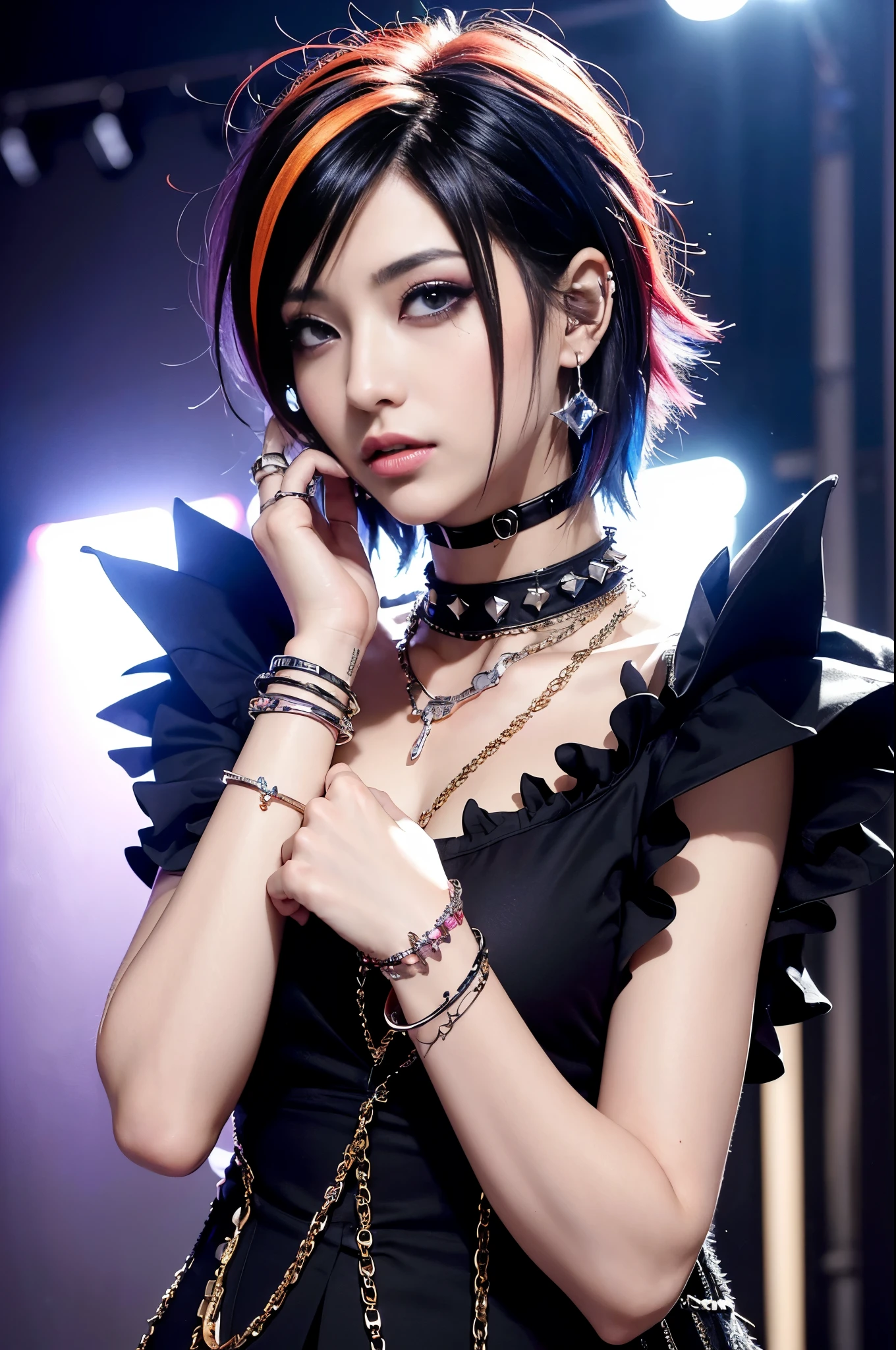 (masterpiece:1.4), (best quality:1.4), ultra high res, ultra high resolution, ((ultra detailed facial features)), HDR, (realistic, photorealistic, photo-realistic:1.37), (1 man), full body Esbian, (sexy Japanese male model), (-anime), vivid colors, ((vivid colors multicolor (Visual Kei style spikes very short hair))), (big smile), ultra detailed glam rock makeup, bold lipstick, long lashes, defined eyebrows, wearing large Visual Kei jewelery, wearing a Visual Kei cosplay, ((vivid Visual Kei outfit)), layered clothing, choker, rings, bracelets, piercings, look at the camera, cinematic light, rockstar festival stage background with multicolor lights, sweet and sexy pose