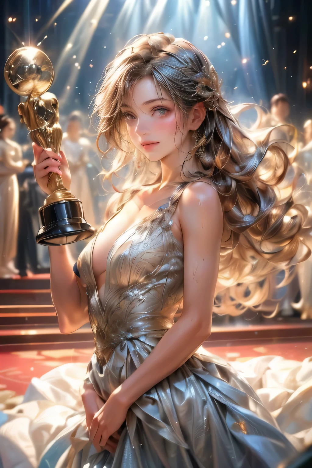 Beautiful cute young girl, actress, holding Academy Award trophy with both hands, giving a joyful speech, expression of joy, tears of emotion, wearing an elegant high-slit evening dress, best dressed, through bangs, beautiful details (hair, face, eyes, long eyelashes, lips, dress, thigh), middle breasts, (best quality, 16k, high resolution, masterpiece: 1.2), super detailed, (hyperrealistic, photorealistic: 1.37), intricate details, dramatic lighting, cinematic Composition, warm tones, glowing skin, flowing hair, expressive eyes, charming smile, graceful pose, red carpet background, award ceremony setting, side view
