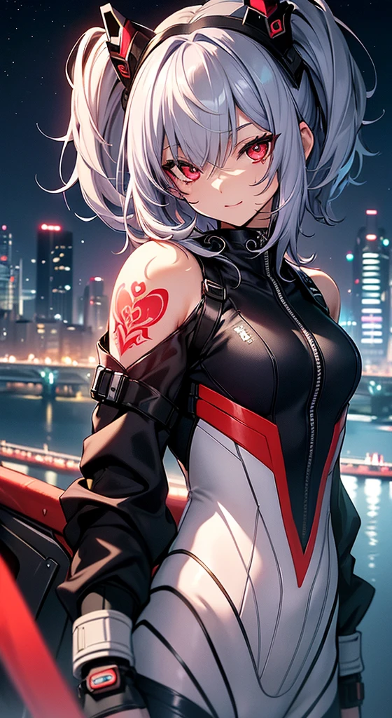 top-quality、Top image quality、in 8K,4K,masterpiece、、ultra-detailliert、Beautiful、ultra-quality、adult-like、Cool、girl with(((18year old、rubbersuit:1.2、、silber hair、a short bob、Red Eyes、erotick:1.1、Happiness、The tattoo)))、hiquality、visualart、Background with((nightcity:1.2))、masutepiece