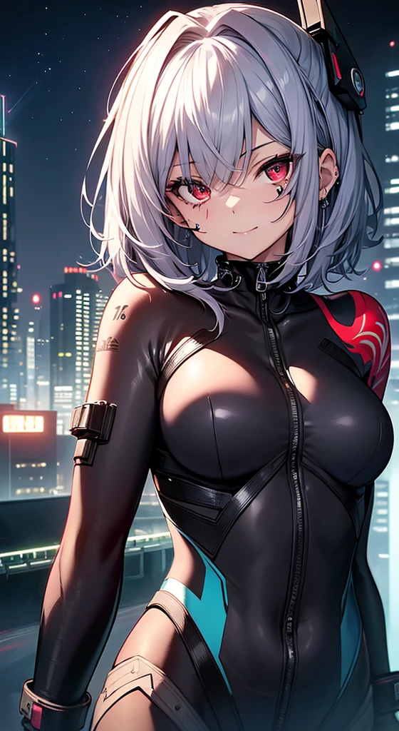 top-quality、Top image quality、in 8K,4K,masterpiece、、ultra-detailliert、Beautiful、ultra-quality、adult-like、Cool、girl with(((18year old、rubbersuit:1.2、small tits、silber hair、a short bob、Red Eyes、erotick:1.1、Happiness、The tattoo)))、hiquality、visualart、Background with((nightcity:1.2))、masutepiece