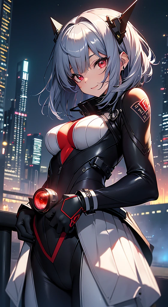 top-quality、Top image quality、in 8K,4K,masterpiece、、ultra-detailliert、Beautiful、ultra-quality、adult-like、Cool、girl with(((18year old、rubbersuit:1.2、、silber hair、a short bob、Red Eyes、erotick:1.1、Happiness、The tattoo)))、hiquality、visualart、Background with((nightcity:1.2))、masutepiece