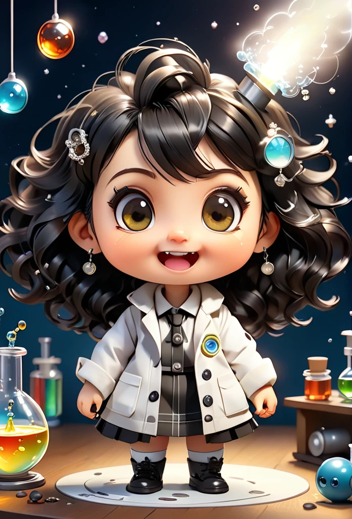 (((Chibi Baby UHD)))Chemistry permaneça com suas carateristícas originais (seus olhos sao cor de mel ) (chibi usa 1 brinco de bolinha de pérola )MASCOT and , atoms, Molecules ,Has black hair , Blind box style and model with popular market style, The sunlight shines, , hyper qualit, sharp features, Ultra HD and 8K resolution,Cool Hand Drawn Illustration,fly away (Inside out disgusting), Create a series of best quality cute chibi dolls,ultra details,realisitic,Science Laboratory,Chemical experiment,ultra HD, chemical equipment,scientists working,cups,UHD Bunsen Burner ,Microscope,laboratory glassware,measuring cylinders,labcoats,Round nerd glasses ,science books,Periodic table,scientific research,discoveries,new inventions,innovation,aprendizagem,education,Scientific culture wears coat with details of buttons and brooches , her coat is charming and cute with ultra chemical details ,Curiosidade,Technological advancements,swirly vibrant colors,soft lighting,modern laboratory,nerdy atmosphere,laboratory instruments,hypothesis testing,Scientific method,symbolic representation,Critical thinking,experiments ,precision,precision,Intricate details,impressive scientific setup,natural elements,exploration of the mysteries of science,unlocking the secrets of nature. Baby chibi is happy and excited, remember to use chemical laboratory glassware, The chalkboard behind the cute chibi baby is written the structure of caffeine in white chalk 18K UHDBlack hair, very long hair, American propaganda poster, shine light, 3D rendering, Riso,