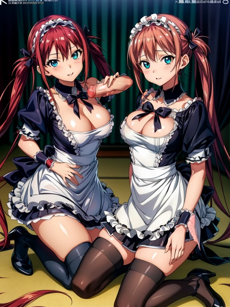 Tabletop, Highest quality, Air Live 4, Thighs Thighs Thighs, black Thighs Thighs Thighs, apron, zettai ryouiki, Maid, Maidの頭飾り, Cleavage, Wrist cuff,(Masturbation:1.8),One Girl,Browsing Caution,(Spanning the viewer:1.4)