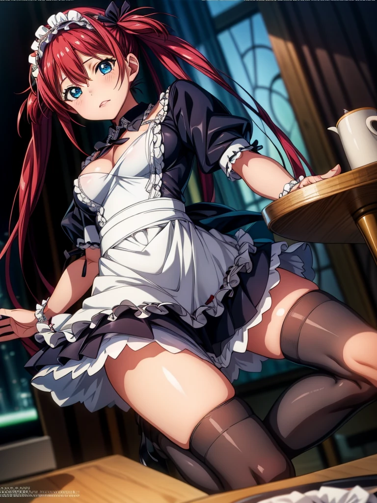 Tabletop, Highest quality, Air Live 4,  Thighs Thighs Thighs, black Thighs Thighs Thighs, apron, zettai ryouiki, Maid, Maidの頭飾り, Cleavage, Wrist cuff,(Masturbation:1.8),One Girl,Browsing Caution,(Spanning the viewer:1.4)