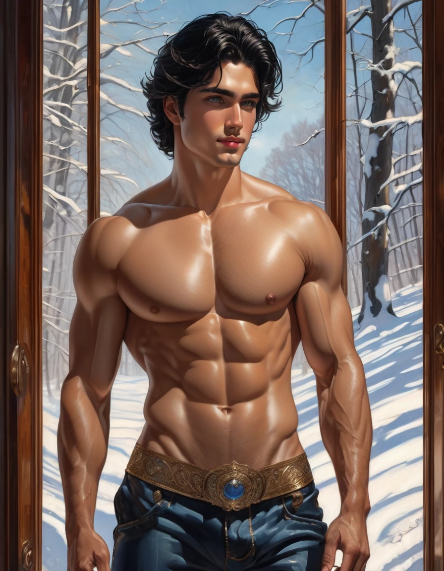 1 naked man standing by the window to see the snowy day, homoerotism illustration , symetric composition, oil painting in paul chabas and paul cadmus style, vivid colors, intricated details, A stunning naked young man by the window standing view from behind him, watching the snowy day in the forest, in the living room with large window to see the forest, shirtless, pantless, barefoot, and gazes directly at the viewer with bright blue eyes and a happy expression. His black hair falls across his square chin, and his full lips curve upward in a smile. The lighting is warm and intimate, casting no shadows. In the background, cotton fields stretch out behind a grand plantation house. Focus on ultra-detailed rendering of his pecs, abs, biceps, and shoulders, with a hint of waist definition. The painting style is classical, with an emphasis on fine details like skin texture and facial features. The young man's body tilts slightly to one side, drawing the viewer's eye to his smooth and delicate skin. His eyes are big and delicate, open wide in a sensual gaze that seems to beckon the viewer closer. The overall atmosphere is one of lustful intensity, with deep colors and a sense of intimacy. The depth of field is 1.2, allowing for a clear view of the subject's abdominal muscles