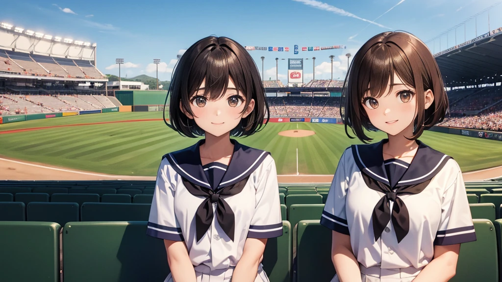 The background is the seats at an outdoor baseball stadium in midsummer.。Upper body shot of a male and female duo。The woman has a pretty face and light brown hair.、The front hair is cut straight。The man is handsome and has short black hair.。The two are wearing summer sailor uniforms.。The two of them are smiling happily and making cute poses.。
