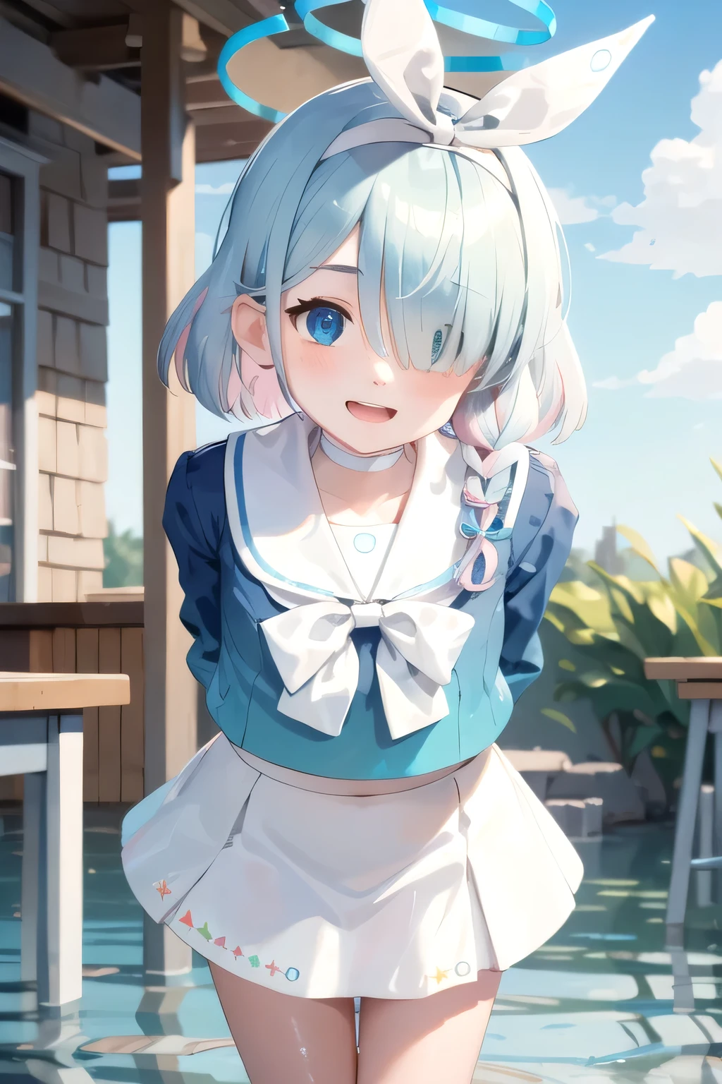 (masterpiece, best quality, highres, ultra detailed, detailed background:1.2), (beautifull, detailed face, detailed eyes), arona, 1girl, white hairband, bow hairband, halo, mechanical halo, short hair, single braid, blue eyes, two-tone hair, multicolored hair, blue hair, pink hair, , blue shirt, white sailor collar, long sleeves, white bowtie, white choker, ruined classroom, school desk, shallow water, cloud, standing, leaning forward, arms behind back, happy, open mouth, smile, blush, looking at viewer, wet, wet clothes, wet shirt, wet hair, wet skirt, shiny skin, cowboy shot, midriff peek, from below,  nsfw,