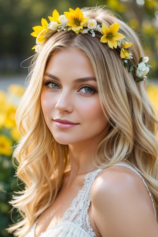 create a profile face of a Caucasian woman, happy, 40 years old, greenish brown eyes, yellow flower crown on her head, medium blonde hair color, long wavy hair, white lace dress, with light beige photo background, looking to the side