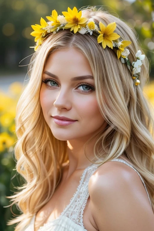 create a profile face of a Caucasian woman, happy, 40 years old, greenish brown eyes, yellow flower crown on her head, medium blonde hair color, long wavy hair, white lace dress, with light beige photo background, looking to the side