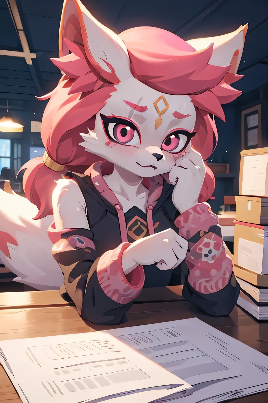 kimiko, furry female anthro, fox girl, white body fur, Pink hair, solo, body fur, (best quality), cinematic lighting, masterpiece, perfect hair, works, miss, sitting at a table, office, paperwork, stacks of paper