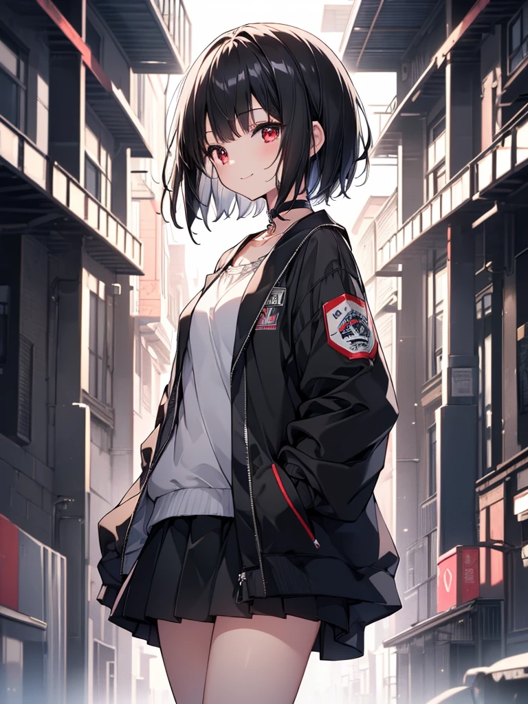 (masterpiece, highest quality, highest quality, (No text), Beautiful and aesthetic:1.2),No text,アニメ、BREAK,One Girl，Black Hair Girl　short hair　older sister　choker　Beautiful eyes　Red eyes　cool　smile　Looking to the side　Black and white　Black jacket　mini skirt　Whole body　In town