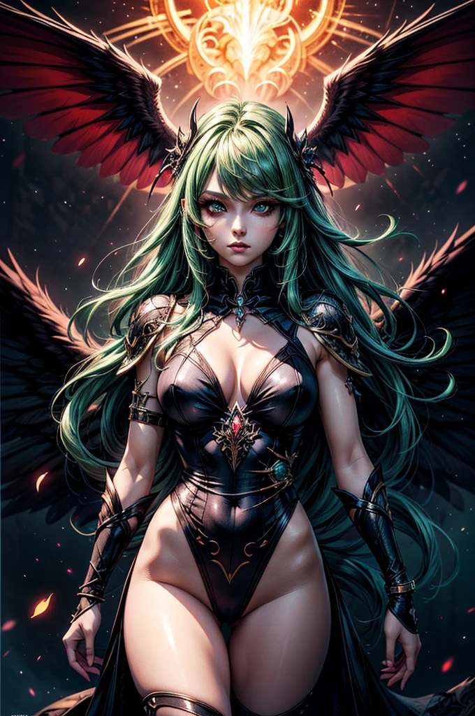 In the middle of forest plane there is beatiful siren who dance under the stary night sky, she have neatiful face long green hair with orange highlights her eyes in emerald green red lipsick and smoky eyes make up, her naked body cover only with black transparent spiler web vail, (ultra high quality fantasy art, dark fantasy style, masterpiece, ultra high quality character design, 8k quality anime art, realistic anime art, top quality wallpaper illustration, detailed ultra high quality accurate face, high quality design and accurate physic)