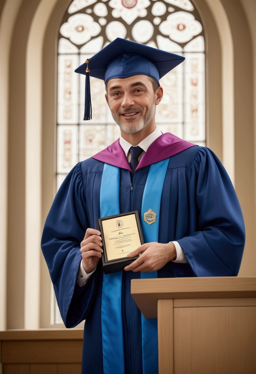 (Award-Winning Moment, holding prize), at a university graduation ceremony, a scholar received an honorary degree for his outstanding research results. Wearing academic robes and a mortar cap, he stood on the podium and delivered a speech. The applause and respectful eyes of the students are the best recognition of this scholar, full body, award-winning, cinematic still, emotional, vignette, dynamic, vivid, (masterpiece, best quality, photorealistic, Professional, perfect composition, very aesthetic, absurdres, ultra-detailed, intricate details:1.3)