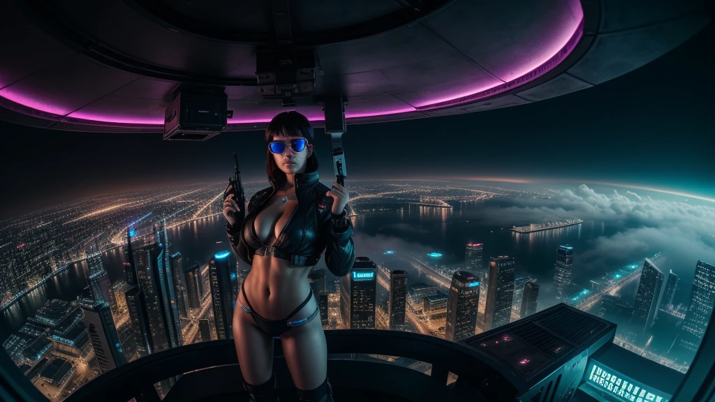 aerial view of cyberpunk futuristic city at night, flying vehicle, neon lights. (((1girl, solo, alone))), closed-up shot of a female sky diver, large-breast:1.2 slim:0.6 body, slim face, cleavage:1.1, sexy jacket, (black sunglasses), (((holding a pistol))), ((half-body thigh:1.1 level medium shot)), mysterious fog, cinematic lighting, ray tracing, fisheye len.