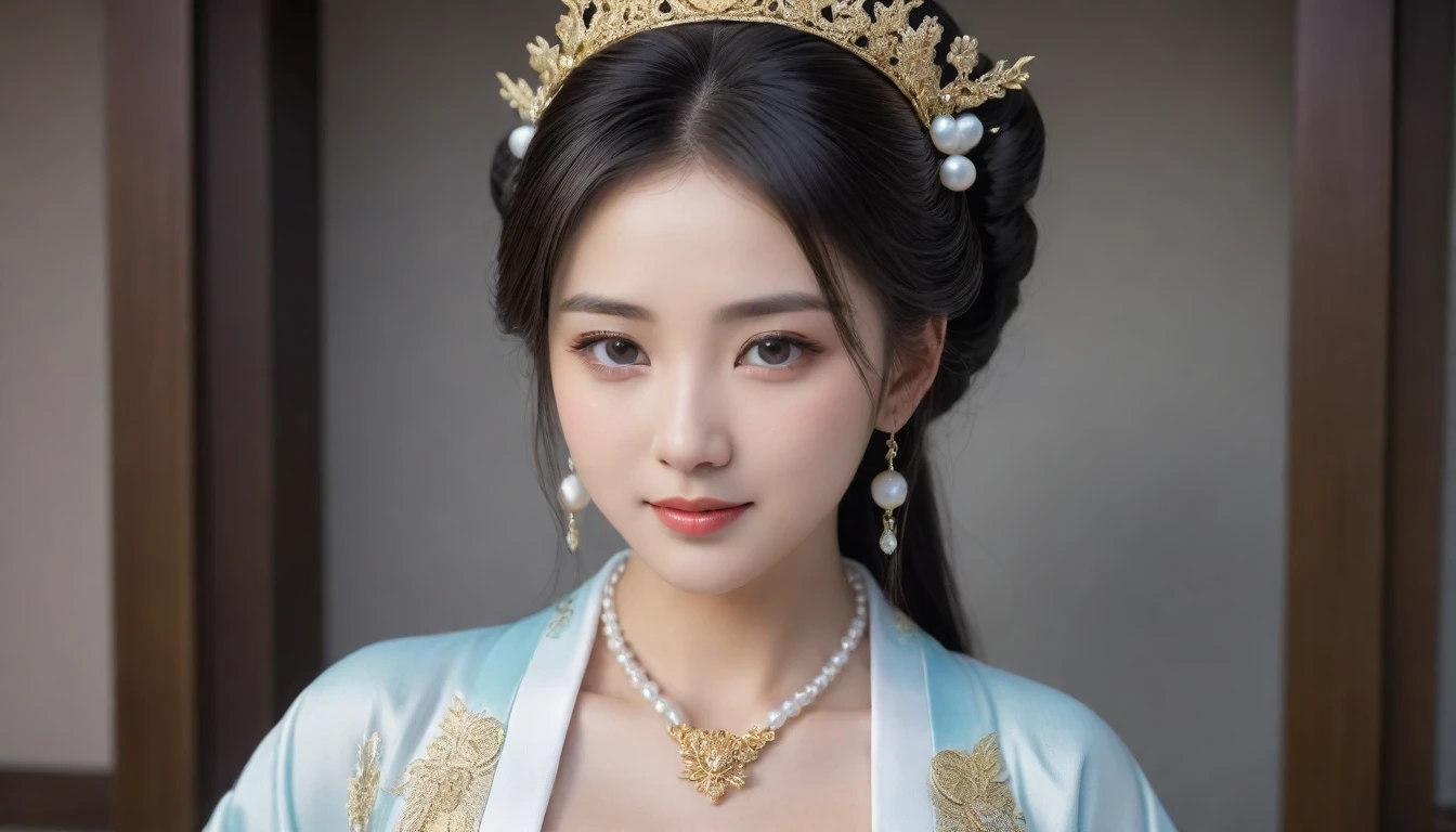 8ก, 超high resolution, 最High quality, Masterpiece, Surreal, photograph, 1 woman, (10 years :1.3), lovely woman, Cute face, ดวงตาที่สวยงามในทุกdetails, 細かくdetailsに, high resolution, High quality、Perfect dynamic composition, A woman in her 40s wears a kimono, a gold crown, and a pearl necklace., Beautiful Fantasy Empress, palace , girl in hanfu, Japanese goddess, ((Beautiful Fantasy Empress)), ancient chinese princess, Magnificent picture of the Tang Dynasty, Trending on cgstation, Asia, ジャポニズム 3D 8ก 超details, anime goddess、see through 、look at the audience、beauty,long neck、smile a little、Please shut up and laugh.、(((Ideal body proportions))),small bust cup :2,、portrait photography:2、perfect anatomy、detailsที่สดใส、details、Surreal、light and shadow,Strong lighting,fashion magazine cover,Thin mouth