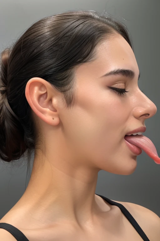 Taylor Hill、High resolution realistic photos,8k,Realistic skin texture,to be born々New People々々々々々,1 person,Tabletop,,Awards - Winning Photos, Very detailed, close your eyes, Nose and mouth,Face Focus, Extreme close up of face、Woman with open mouth and close your eyes, Black camisole、20-year-old,Black-haired、Symmetrical face,Realistic nostrils、Angle from below、Elongated C-shaped nostrils,((Gray background))、Sweaty skin、Lighting that highlights glowing skin caused by sweat、((Sharp Nose))Skin shiny with sweat、Glowing Skin、Sweaty hair、sunlight、(Brow wrinkles)((Frowning))(cum on tongue)、Deep Kiss、((Thin eyebrows))((Oily skin、Glowing Skin))、double eyelid、Wet and shiny tongue、Tied Hair、updo、Lift your head(((Long Tongue, Saliva trace)))((Super wet skin))((Visible profile of the nasal septum,nasal septum,profile))