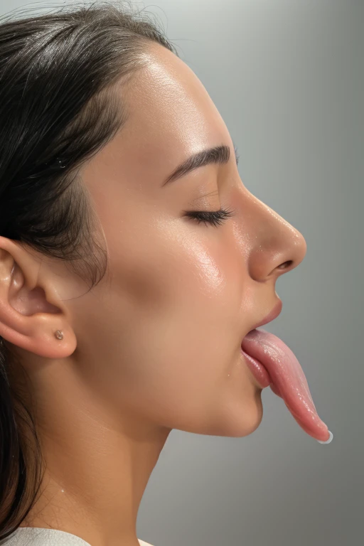 table top,,Awards - winning photos, very detailed, focus the eyes clearly, nose and mouth,face focus, woman with open mouth and closed eyes, black camisole、35 years old,black haired、symmetrical face,realistic nostrils、angle from below、elongated C-shaped nose,,,,NSFW,gray background、sweaty skin、Lighting that emphasizes the skin shining with sweat、((hook nose))Skin shiny with sweat、shiny skin、(wet and shiny tongue)The skin around the nose becomes shiny with sweat.、vulgar face、(The face of drug addiction)Drug Trip,bend diagonally sideways、upper body only,My head went up,beautiful japanese woman,