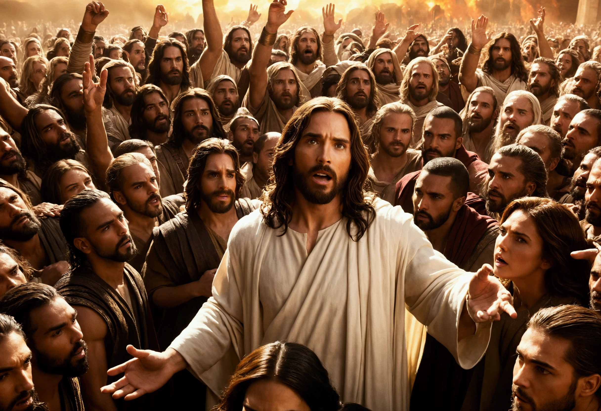 Jesus is surrounded by many people in a crowd of people, epic biblical movie, Jesus Christ Going Super Saiyan, epic biblical depiction, Jesus Christ fighting Lucifer, Jesus wasted in a , sacred theme, sat on his throne, movie promotional image, Jesus Christ in Mass Effect, Jesus Christ, Dressed as Jesus Christ, Second coming, Young God Almighty, King of Kings