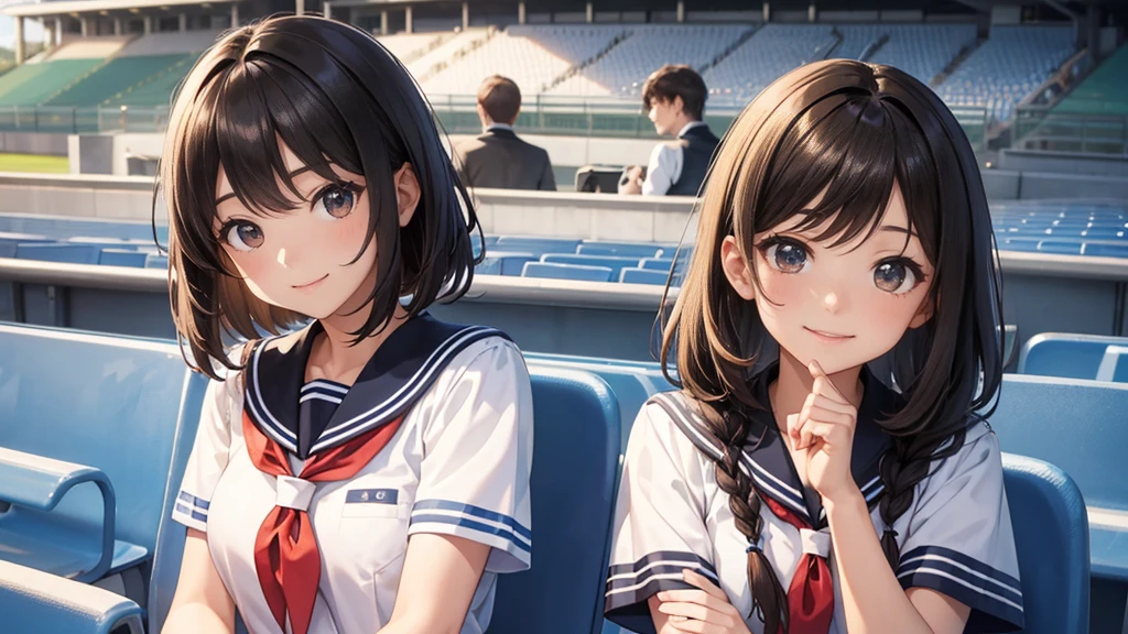 The background is the seats at an outdoor baseball stadium in midsummer.。Upper body shot of a male and female duo。The woman has a pretty face and light brown hair.、The front hair is cut straight。The man is handsome and has short black hair.。The two are wearing summer sailor uniforms.。The two of them are smiling happily and making cute poses.。