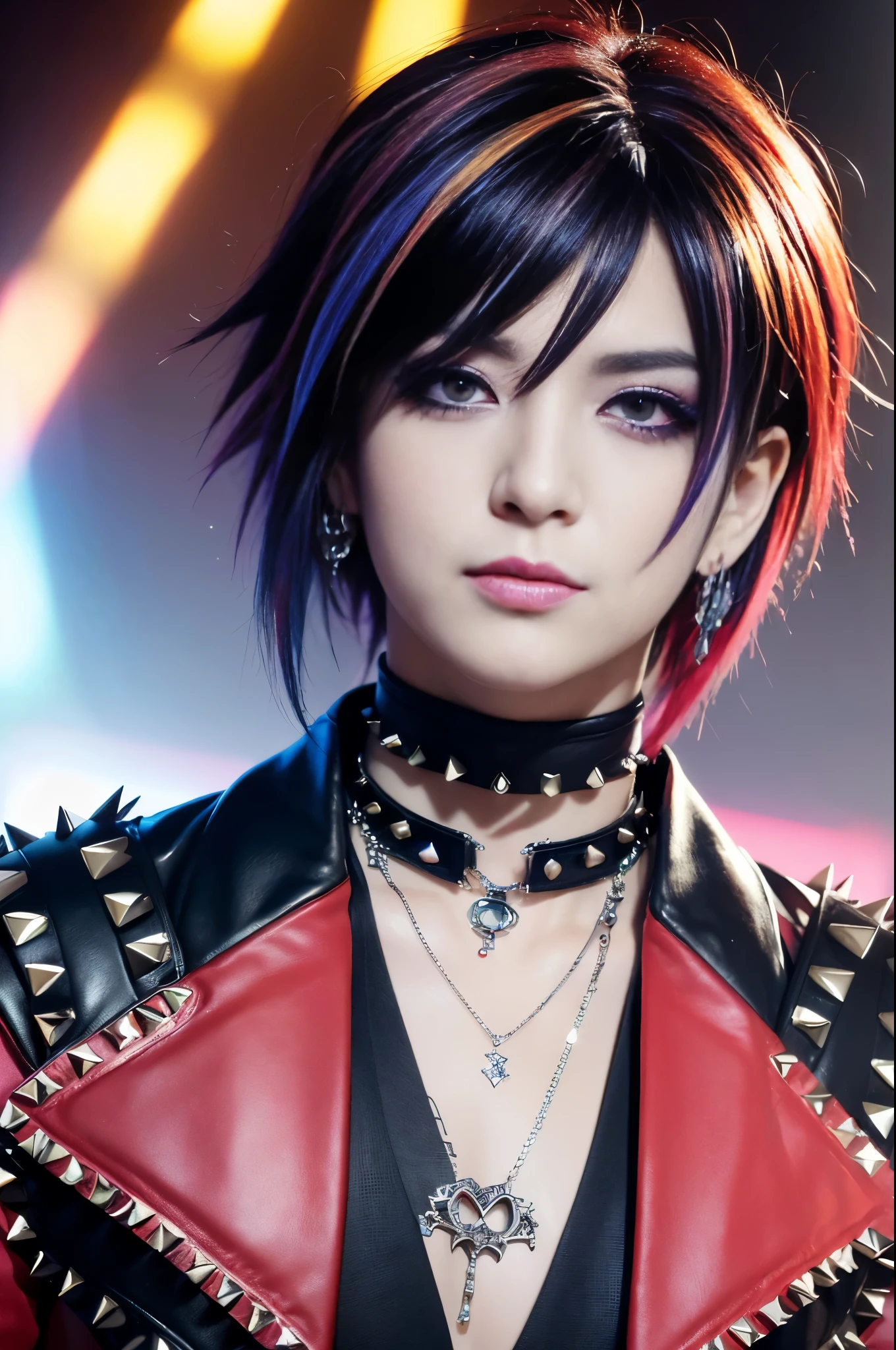 (masterpiece:1.4), (best quality:1.4), ultra high res, ultra high resolution, ((ultra detailed facial features)), HDR, (realistic, photorealistic, photo-realistic:1.37), (1 man), full body Esbian, ((sexy Japanese male)), (-anime), vivid colors, ((vivid colors multicolor (Visual Kei style spikes very short hair))), (big smile), ultra detailed glam rock makeup, bold lipstick, long lashes, defined eyebrows, wearing large Visual Kei jewelery, wearing a Visual Kei cosplay, ((vivid Visual Kei outfit)), (layered clothing), choker, rings, bracelets, piercings, look at the camera, cinematic light, rockstar festival stage background with multicolor lights, sweet and sexy pose