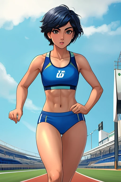(Masterpiece, Best Quality, extremely detailed, 1 girl, Alone), 20 years old, Pakistani girl, Athlete girl dressed in blue sports bra and bottoms, in running position getting ready to run, short hair, Slim and toned body, the background is an athletics track