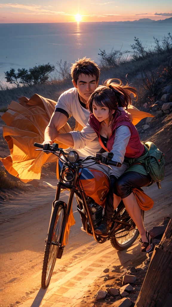 A couple is off-roading on a bike. The couple is wearing short clothes. The girl has big hips. The sunset is going on.