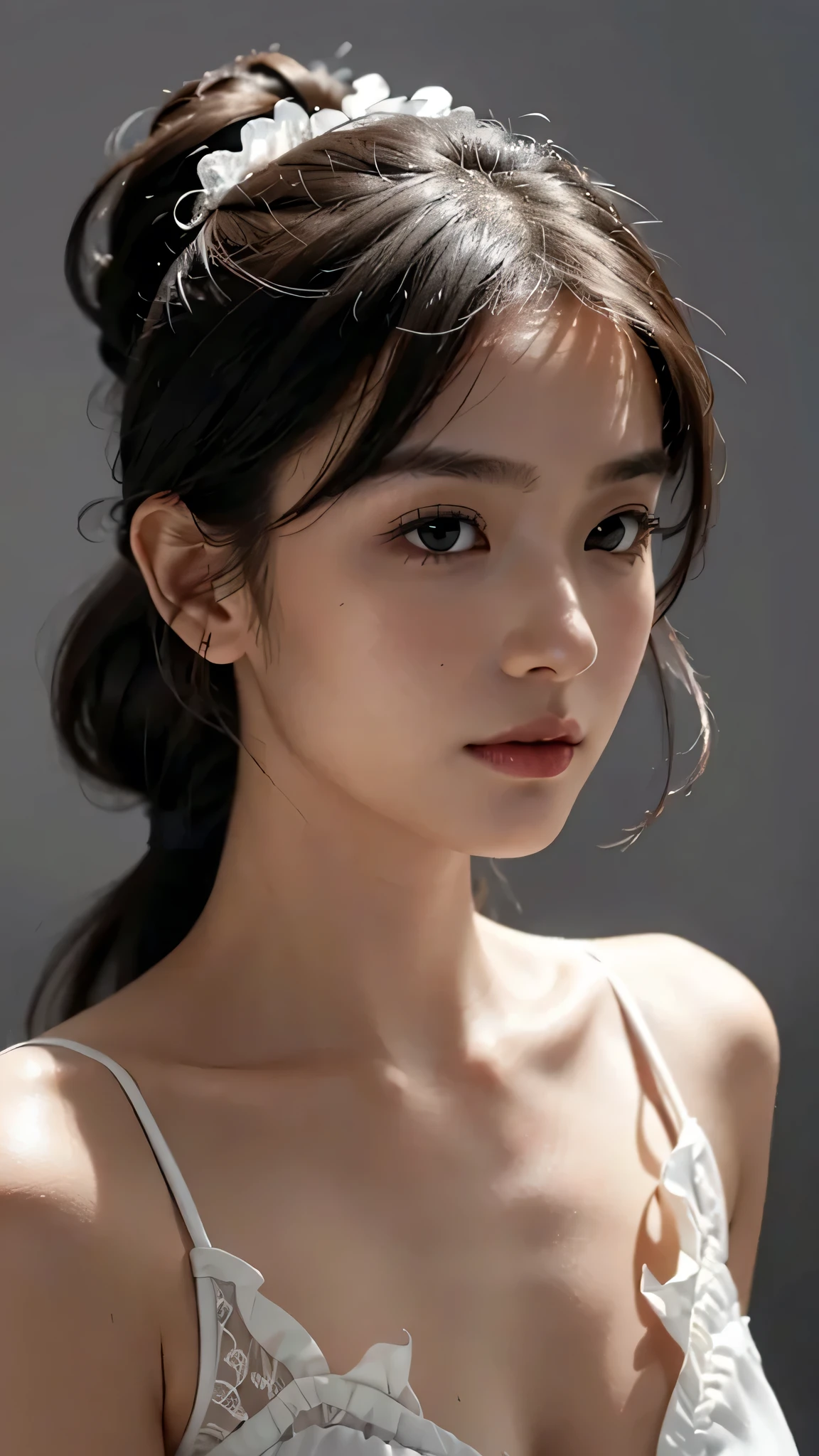 Close up face,Color: Orange,Dress Style: Frilly dress, ruffled edges, layered,Accessories: Flower hairpiece, ribbon bow,Details: Sleeveless, fitted bodice, decorative ribbon at the waists,Commercials for luxury cosmetics style,Commercial filming studio,The background is all gray,Body in front,fully body photo,masutepiece, The highest image quality, High quality, the background is clear,Beautiful woman, Japanese, Detailed, Ultra-detailed, finely detail, hight resolution, 8K Wallpaper, Perfect dynamic composition, Beautiful detailed eyes ,Detailed eyes, Detailed skin, Beautiful skin, 超hight resolution, (reality: 1.4),Very beautiful woman, Slightly younger face, Beautiful skin, slender, (Ultra photo realsisim), (hight resolution), (8K), (Very detailed) (beautifully detailed eyes), (super detailed), (Detailed face), view the viewer, Fine details, Detailed face, Staring straight ahead, Staring straight ahead, photos realistic, Bright lighting, Professional Lighting, Black hair,poneyTail,a baby face,sixteen years old,Hairstyle: ponytail,Long ponytail hairstyle,slight smile,