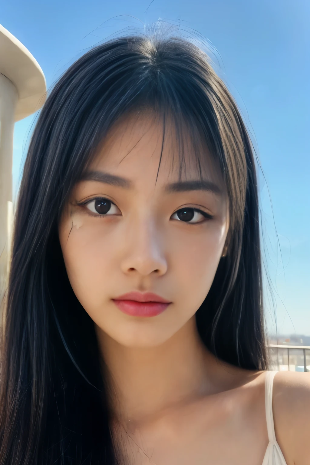 (detailed and realistic portrait oF a girl with a pretty Face), looking at the camera (taken outside with round eye and long Flapping hair), magic photo, dramatic lighting, photo realism, super detail, intimate portrait composition, (Center image configuration), (close up shot: 1.6), best quality, F / 1. 8, 85mm, (28years asian woman), Black color_hair,(Black color_eye:1.2),(forehead),assembly,White_dress, (hazy blue_sky_background)