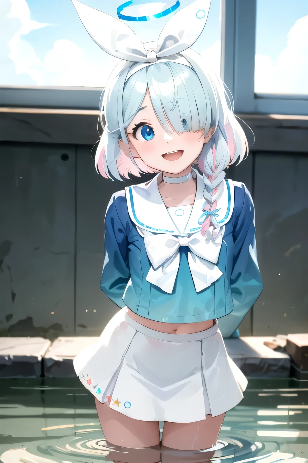 (masterpiece, best quality, highres, ultra detailed, detailed background:1.2), (beautifull, detailed face, detailed eyes), arona, 1girl, white hairband, bow hairband, halo, mechanical halo, short hair, single braid, blue eyes, two-tone hair, multicolored hair, blue hair, pink hair, , blue shirt, white sailor collar, long sleeves, white bowtie, white choker, ruined classroom, school desk, shallow water, cloud, standing, leaning forward, arms behind back, happy, open mouth, smile, blush, looking at viewer, wet, wet clothes, wet shirt, wet hair, wet skirt, shiny skin, cowboy shot, midriff peek, from below,  nsfw,