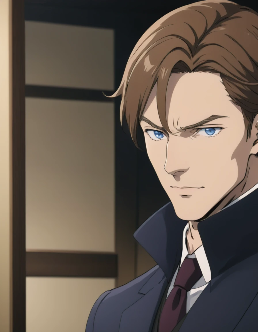 1man, mature male, parted bangs, medium-short hair, brown hair, muscular male celeb, short goatee, short mustache, indigo eyes, gentleman, elegant netori male, dark iris, upperwaist, ideal ratio body proportions, BREAK solo, white collared shirt, gray trench coat, black neck ribbon, in gentle sasaki style, visual novel, 2010s, extreme all detailed, masterpiece, best quality