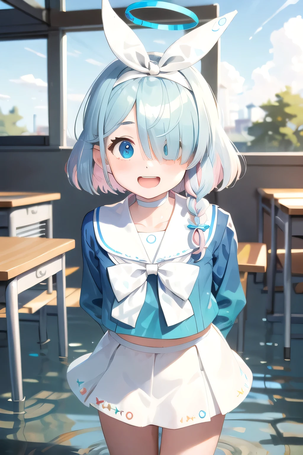 (masterpiece, best quality, highres, ultra detailed, detailed background:1.2), (beautifull, detailed face, detailed eyes), arona, 1girl, white hairband, bow hairband, halo, mechanical halo, short hair, single braid, blue eyes, two-tone hair, multicolored hair, blue hair, pink hair, , blue shirt, white sailor collar, long sleeves, white bowtie, white choker, ruined classroom, school desk, shallow water, cloud, standing, leaning forward, arms behind back, happy, open mouth, smile, blush, looking at viewer, wet, wet clothes, wet shirt, wet hair, wet skirt, shiny skin, cowboy shot, midriff peek, from below,  nsfw,