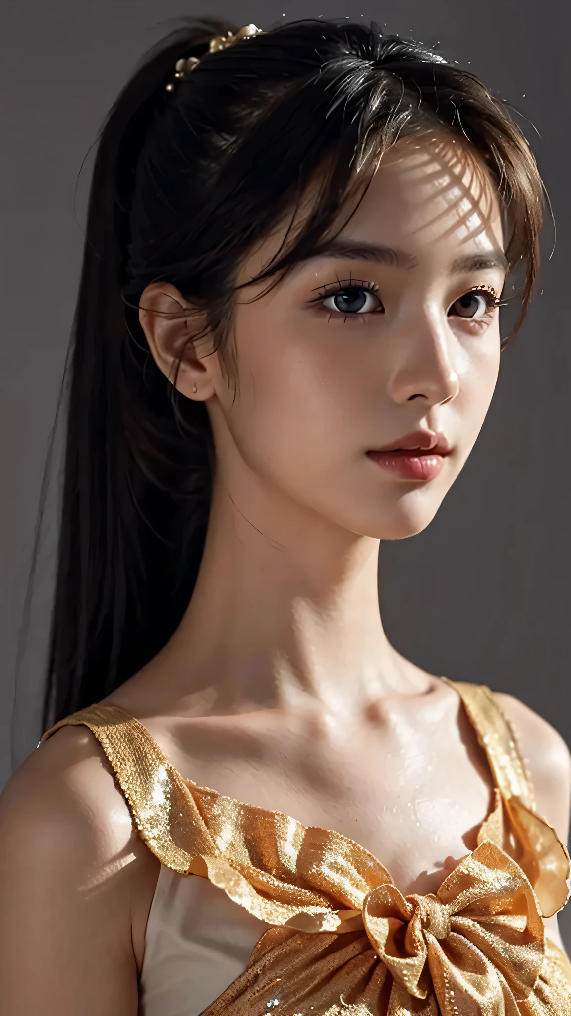 Close up face,Orange Sleeveless Dress Style,Frilly dress,ruffled edges, layered,Accessories: Flower hairpiece, ribbon, fitted body,Commercials for luxury cosmetics style,Commercial filming studio,The background is all gray,Body in front,fully body photo,masutepiece, The highest image quality, High quality, the background is clear,Beautiful woman, Japanese, Detailed, Ultra-detailed, finely detail, hight resolution, 8K Wallpaper, Perfect dynamic composition, Beautiful detailed eyes ,Detailed eyes, Detailed skin, Beautiful skin, 超hight resolution, (reality: 1.4),Very beautiful woman, Slightly younger face, Beautiful skin, slender, (Ultra photo realsisim), (hight resolution), (8K), (Very detailed) (beautifully detailed eyes), (super detailed), (Detailed face), view the viewer, Fine details, Detailed face, Staring straight ahead, Staring straight ahead, photos realistic, Bright lighting, Professional Lighting, Black hair,poneyTail,a ,sixteen ye: ponytail,Long ponytail hairstyle,slight smile,