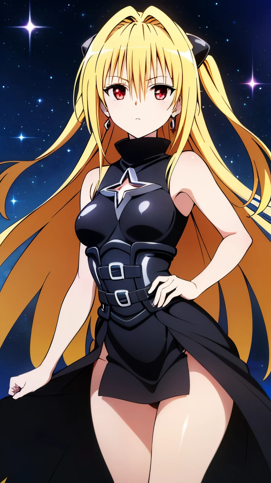 (anime),(1girl),(alone), konjiki no yami, (alone), long hair, blonde hair, hairpins, red eyes, very long hair, hair shots, (expressionless, calm:1.5), solo, (Sparkly dress, Shiny dress,Colorful dress, earrings, Thighs, Party Venue:1.2), (small medium breasts:1.2), narrow waist, 
round butt, hair between eyes, hair ornament, two sides up, bangs, cowboy shot, dynamic stance, ultra detailed, detailed eyes, masterpiece, standing, perfect hands, perfect anatomy, floating hair, to love- ru, looking forward, perfect anatomy, perfect hands, (looking at viewer), 