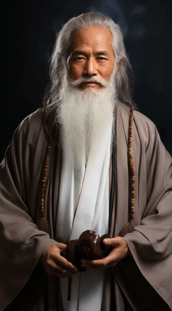 Arafeld man with long white beard and white beard holding chocolate donuts, Taoist, Taoist master, portrait of monk, wise old indian guru, Daoism, inspired by Wu Daozi, wearing a long flowing robe, Long white hair and white beard, flowing hair and long robes, ancient japanese monk, very long white beard and hair