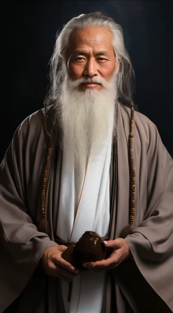 Arafeld man with long white beard and white beard holding chocolate donuts, Taoist, Taoist master, portrait of monk, wise old indian guru, Daoism, inspired by Wu Daozi, wearing a long flowing robe, Long white hair and white beard, flowing hair and long robes, ancient japanese monk, very long white beard and hair