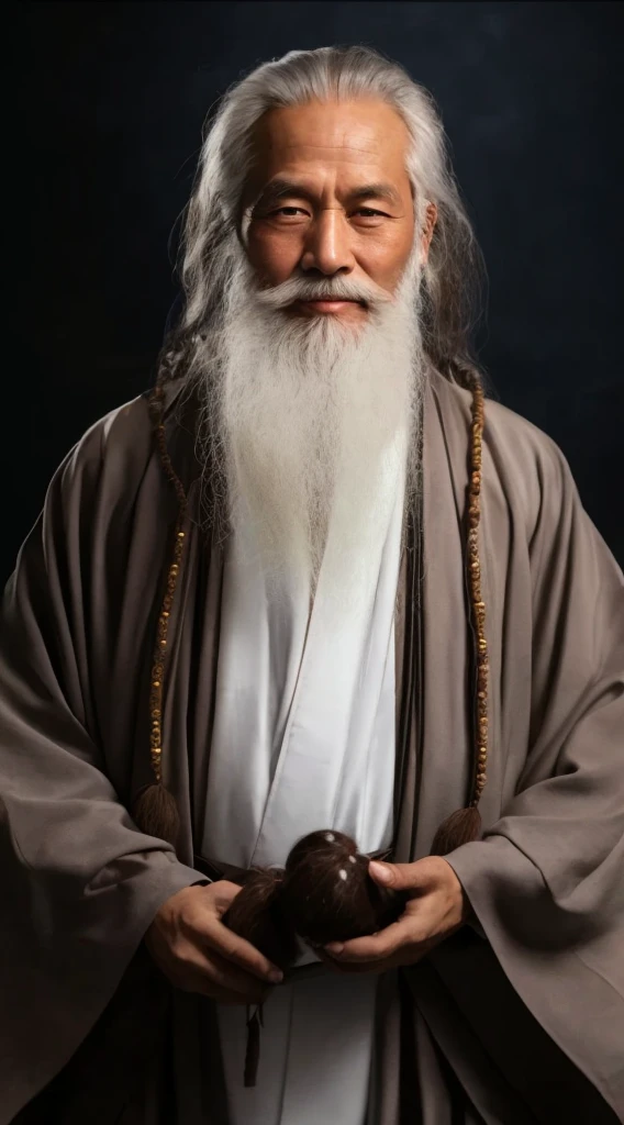 Arafeld man with long white beard and white beard holding chocolate donuts, Taoist, Taoist master, portrait of monk, wise old indian guru, Daoism, inspired by Wu Daozi, wearing a long flowing robe, Long white hair and white beard, flowing hair and long robes, ancient japanese monk, very long white beard and hair