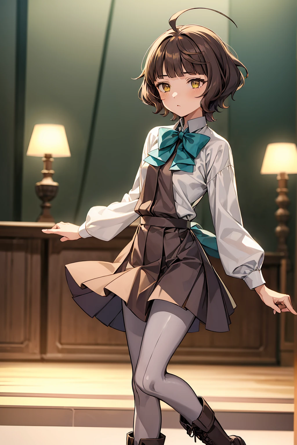 1girl, solo,
kishinami \(kancolle\), ahoge, brown hair, short hair, wave hair, yellow eyes, blunt bangs, small breasts,
aqua bow, aqua bowtie, grey pantyhose, long sleeves, pleated dress, purple dress, , seamed legwear, white shirt, halterneck, boots,
indoors, full body