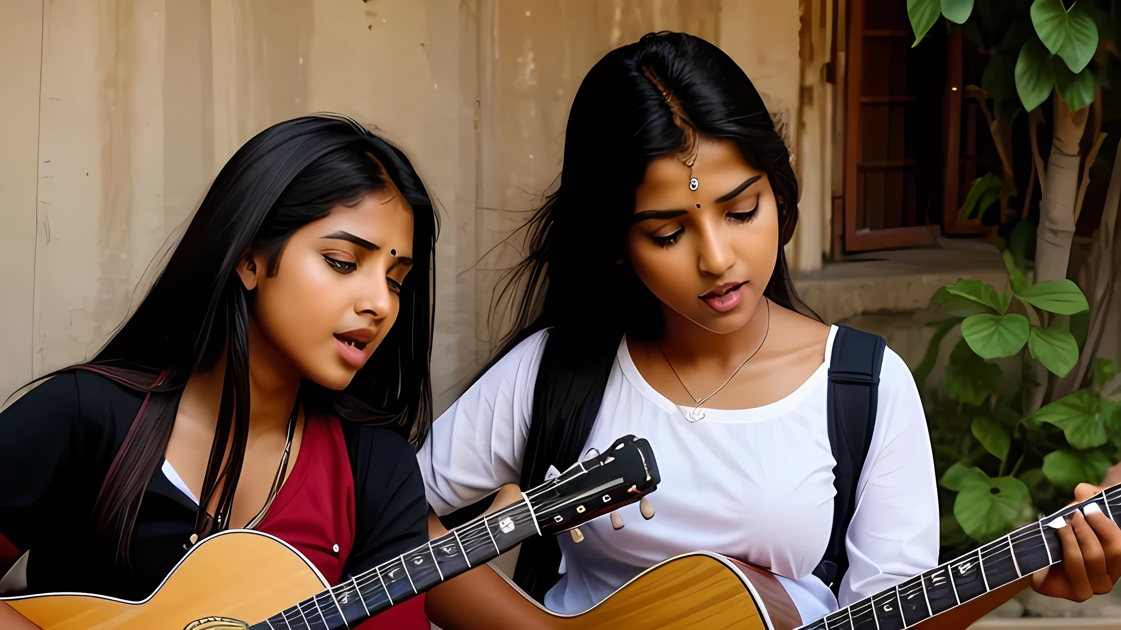 Indian girls singing music guitar there should be a mic in front of the mouth