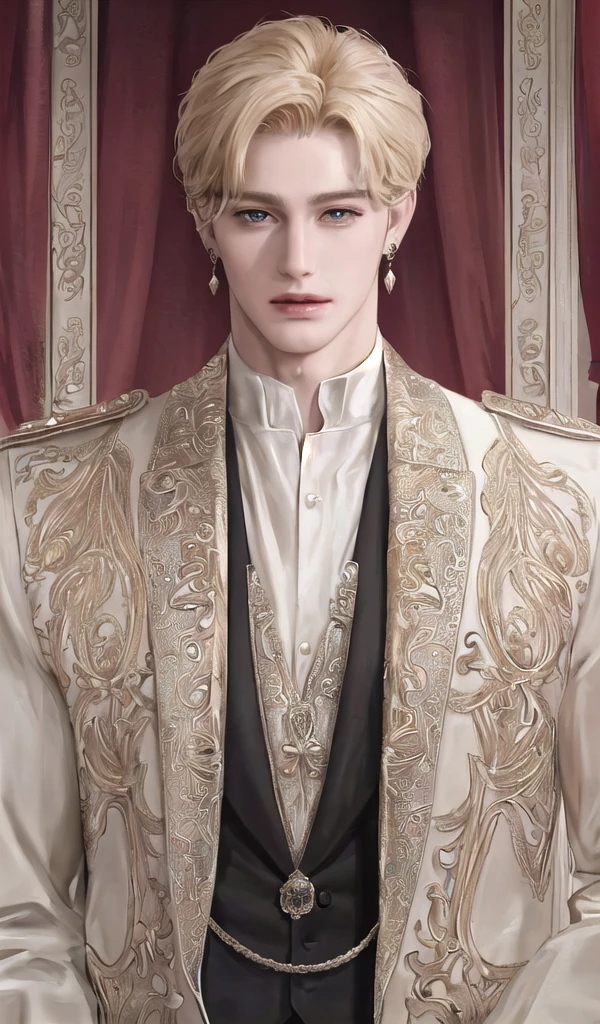 Solo, portrait, earrings, solo,lips, Man. 25 years. King. Royal clothes. Very Tall, muscular and very handsome. 195cm (height). Golden blonde hair and golden eye color. Bright skin. High quality, Detailed, High resolution, Masterpiece, Very high quality.