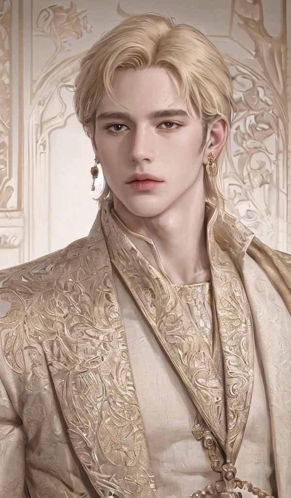 Solo, portrait, earrings, solo,lips, Man. 25 years. King. Royal clothes. Very Tall, muscular and very handsome. 195cm (height). Golden blonde hair and golden eye color. Bright skin. High quality, Detailed, High resolution, Masterpiece, Very high quality.