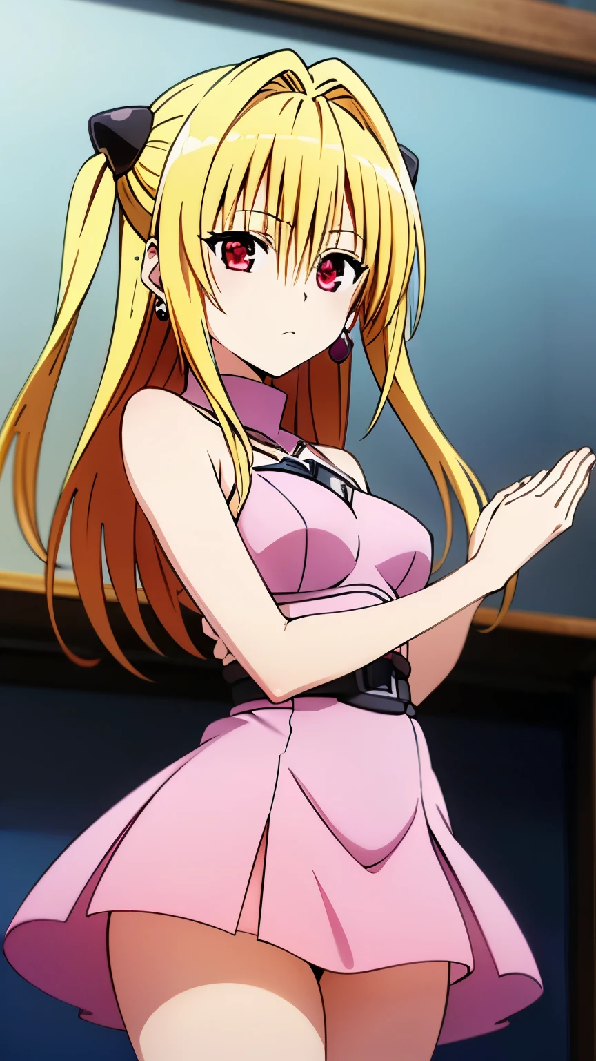 (anime),(1girl),(alone), konjiki no yami, (alone), long hair, blonde hair, hairpins, red eyes, very long hair, hair shots, (expressionless, calm:1.5), solo, (pink dress, earrings, Thighs, Party Venue:1.2), (small medium breasts:1.2), narrow waist, 
round butt, hair between eyes, hair ornament, two sides up, bangs, cowboy shot, dynamic stance, ultra detailed, detailed eyes, masterpiece, standing, perfect hands, perfect anatomy, floating hair, to love- ru, looking forward, perfect anatomy, perfect hands, (looking at viewer), 